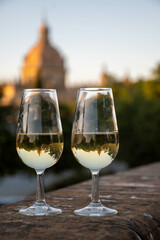 Sherry wine glasses and old bogedas jerez wine cellars on background in Jerez de la Frontera, wine...