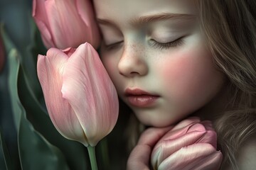 Child grasps pink tulip