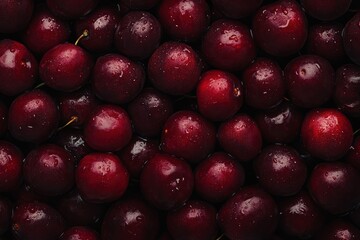 Close up details of ripe maroon cherries dominate the background