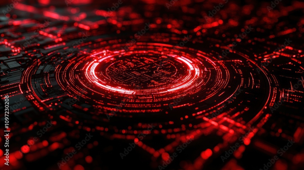 Poster Abstract digital design featuring concentric red circles and intricate patterns.