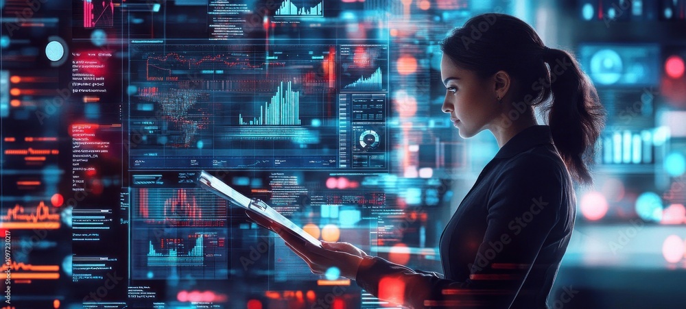 Poster woman analyzing data streams in futuristic interface