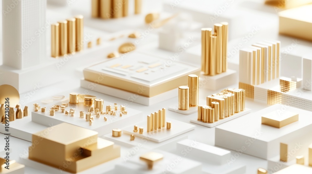 Poster A stylized 3D representation of a cityscape with golden buildings and structures.