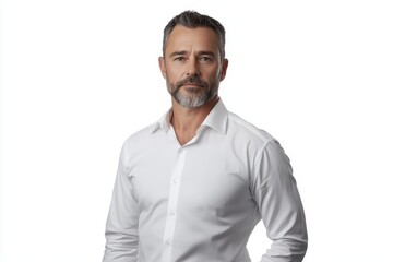 Complete business portrait of a self assured entrepreneur in a white shirt standing alone on a white backdrop