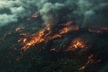 Aerial view of a large wildfire raging through a forest, with dense clouds of smoke and flames illustrating the destructive impact of climate change.