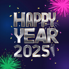 A vibrant, modern logo for Happy New Year 2025, featuring bold, silver fonts, gradient effect, set against  dark blue or purple background that evokes luxury and celebration, Generated With AI Image.