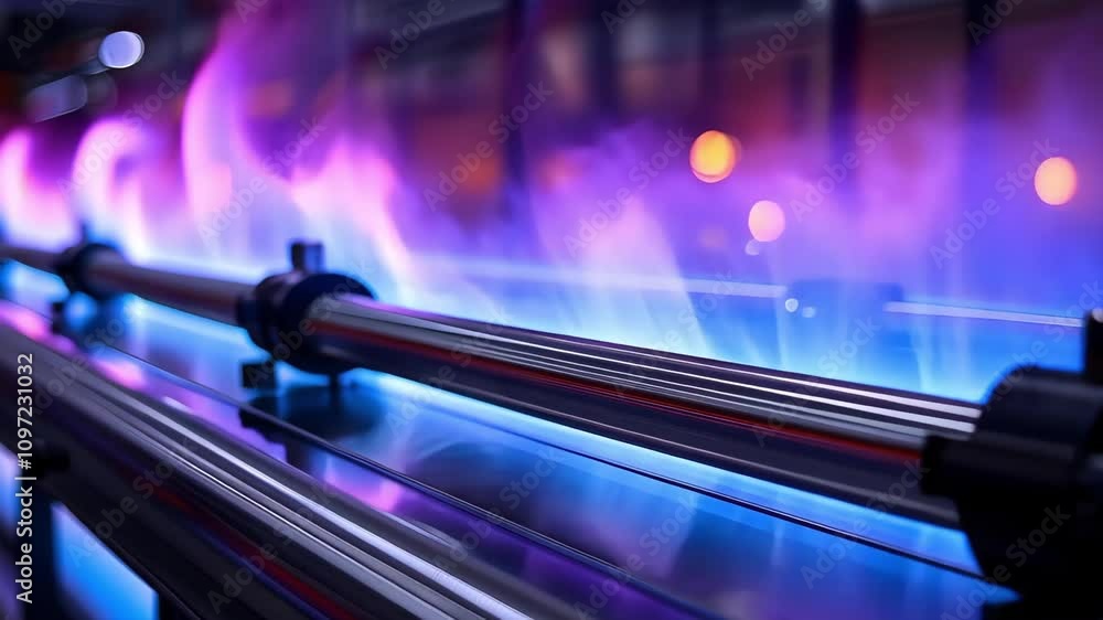 Poster a vibrant display of colorful flames or gas in a metallic tube, creating an artistic visual effect.