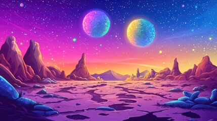 Obraz premium A Colorful Fantasy Landscape with Two Large Celestial Bodies