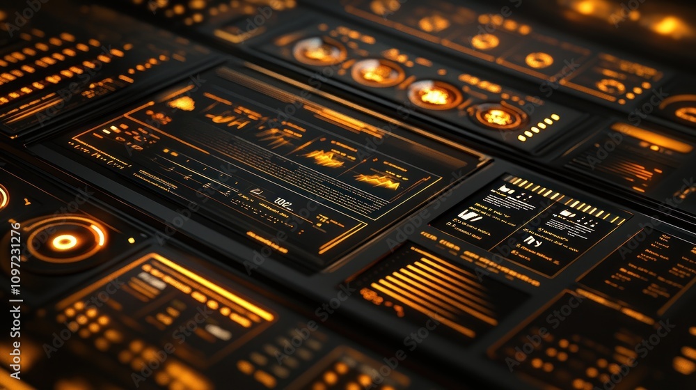 Poster A futuristic display of data visualizations and metrics in vibrant orange hues.