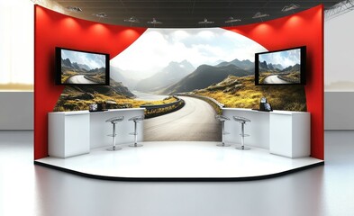Expo booth design prototype Includes backdrop table chairs banner stand and TV Realistic 3D model