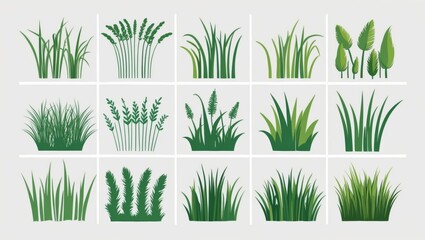 Grass silhouettes collection in grid layout  12 unique patterns on white background