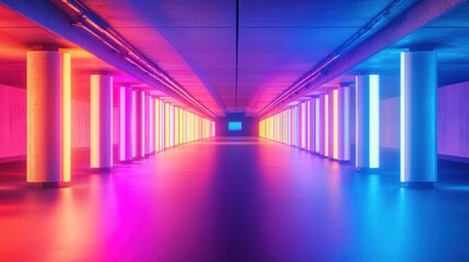 Neon Lights Illuminate Colorful Tunnel Columns