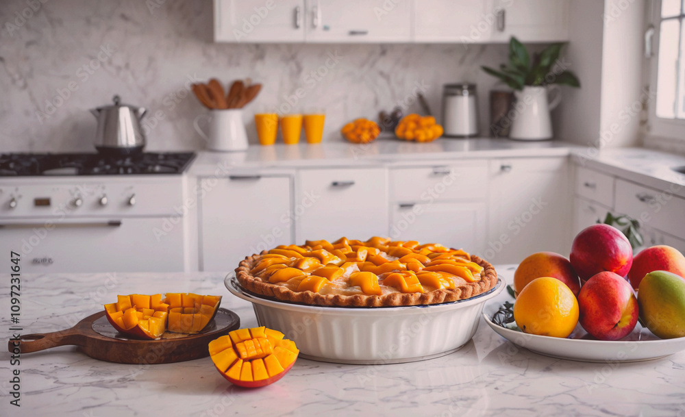 Aufkleber A pie with a slice missing sits on a counter next to a plate of fruit. The pie is surrounded by oranges and apples, and there are several cups and bowls on the counter