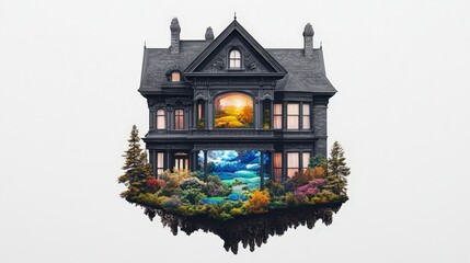 Surreal Victorian House Surrounded by Dreamlike Nature Landscape