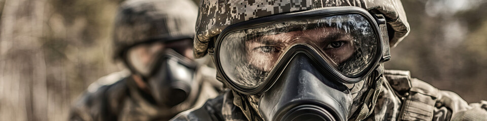 Fototapeta premium National Guard soldiers wearing protective gear, preparing for chemical or biological warfare.