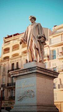 The Statue of Lord Brougham memorial in daylight. Vertical, Cannes, France