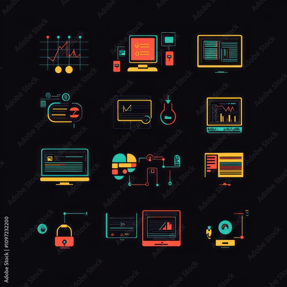 Aufkleber a collection of colorful icons representing technology, data analysis, and digital communication.