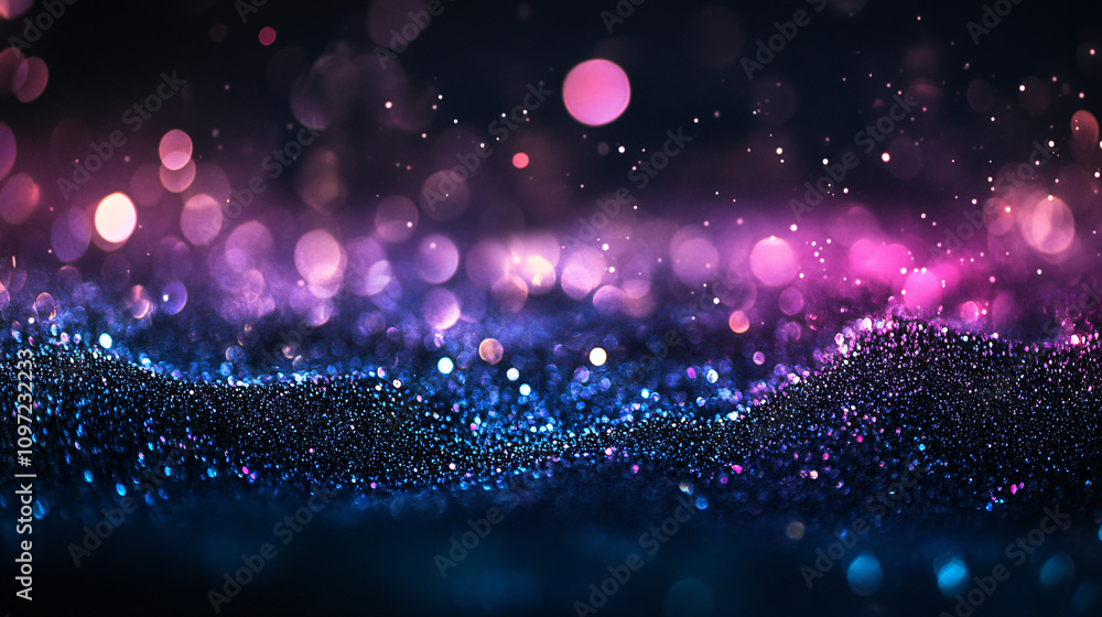 Poster shimmering purple and blue bokeh lights creating a magical and festive ambiance over a dark sparklin