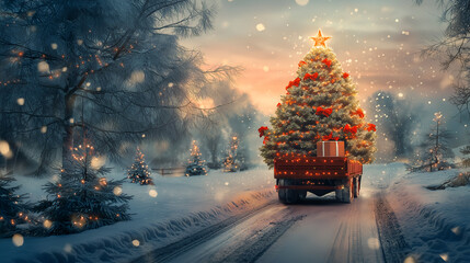 Merry Christmas tree transporter bringing gifts to all the sweethearts on Christmas evening