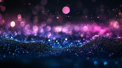 Shimmering purple and blue bokeh lights creating a magical and festive ambiance over a dark sparkling background