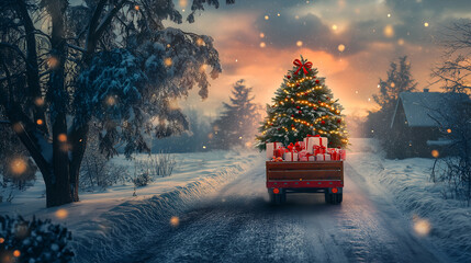 Merry Christmas tree transporter bringing gifts to all the sweethearts on Christmas evening