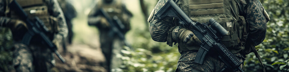 National Guard soldiers carrying assault rifles, patrolling a border area.