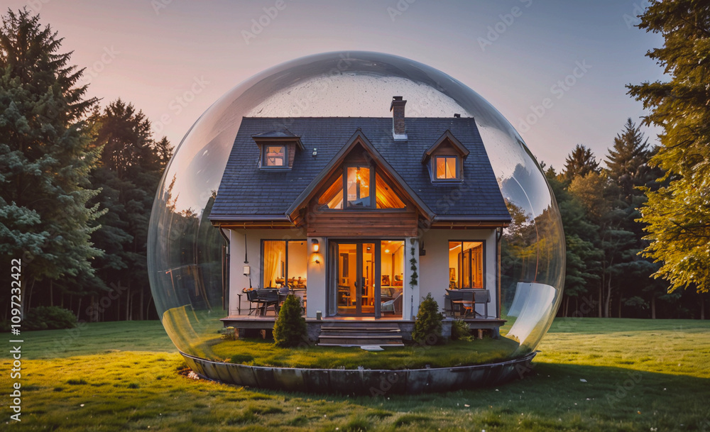 Poster a house is inside a bubble, surrounded by trees and grass. the bubble is transparent, allowing the h