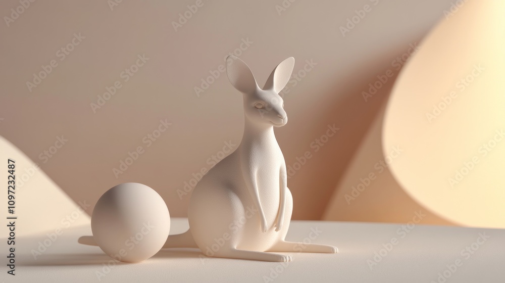 Poster a minimalistic sculpture of a kangaroo and a sphere in soft, neutral tones.