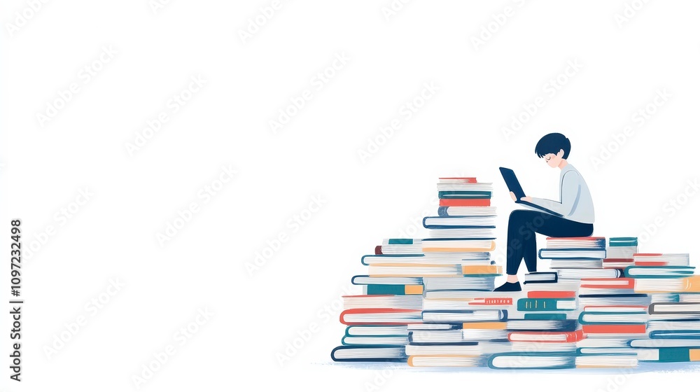 Aufkleber young reader enjoying a book on a stack of colorful texts