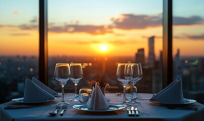 Fototapeta premium Elegant Dinner Table Setting with a Cityscape Sunset View 