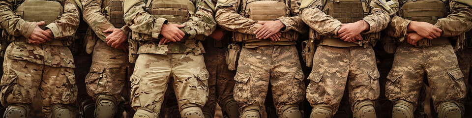 A group of diverse soldiers, arms linked, standing tall in desert camouflage.