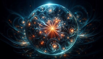 Obraz premium Hyper realistic glass orbs glowing with internal neon fractals, suspended in endless darkness