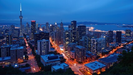 Obraz premium generative ai, Dynamic Urban Skyline at Dusk