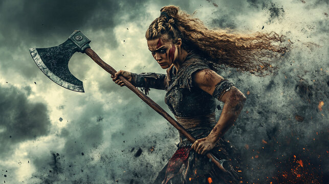 Powerful viking woman warrior wielding an axe amidst a dramatic, cloudy sky, embodying strength and determination
