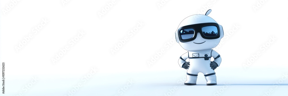 Poster a cheerful cartoon character in a spacesuit with sunglasses, exuding a fun and adventurous vibe.