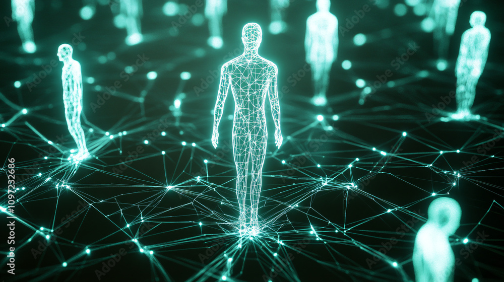 Poster human body figures standing on an interconnected digital network grid, representing global communica