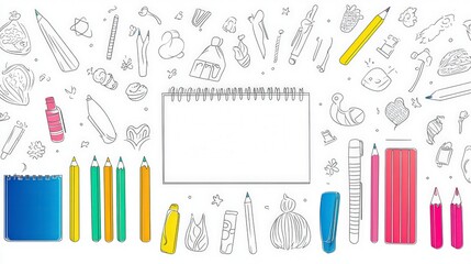 Creative Workspace with Sketchbook and Colorful Art Supplies