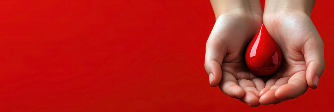 World hemophilia day awareness concept - hands holding blood drop symbol on a red background. Horizontal banner. Copy space. Blood donor awareness day