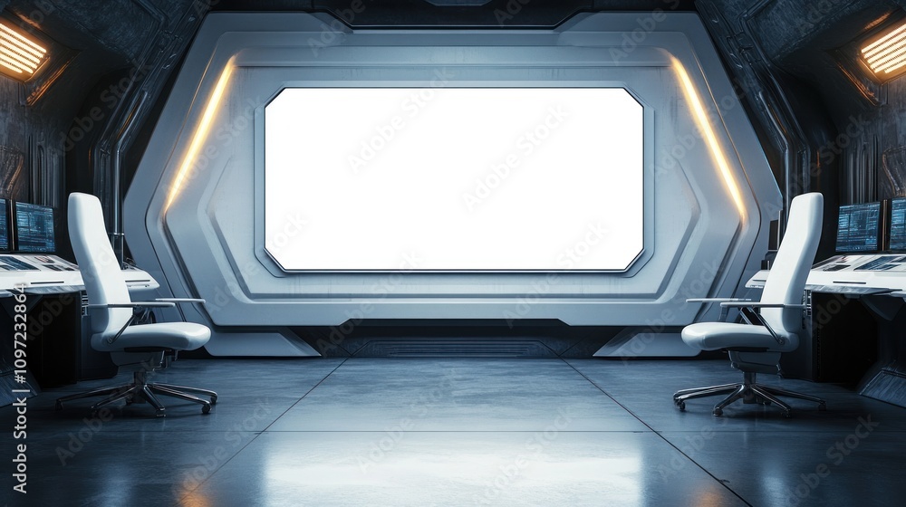 Poster futuristic spaceship bridge command center interior view