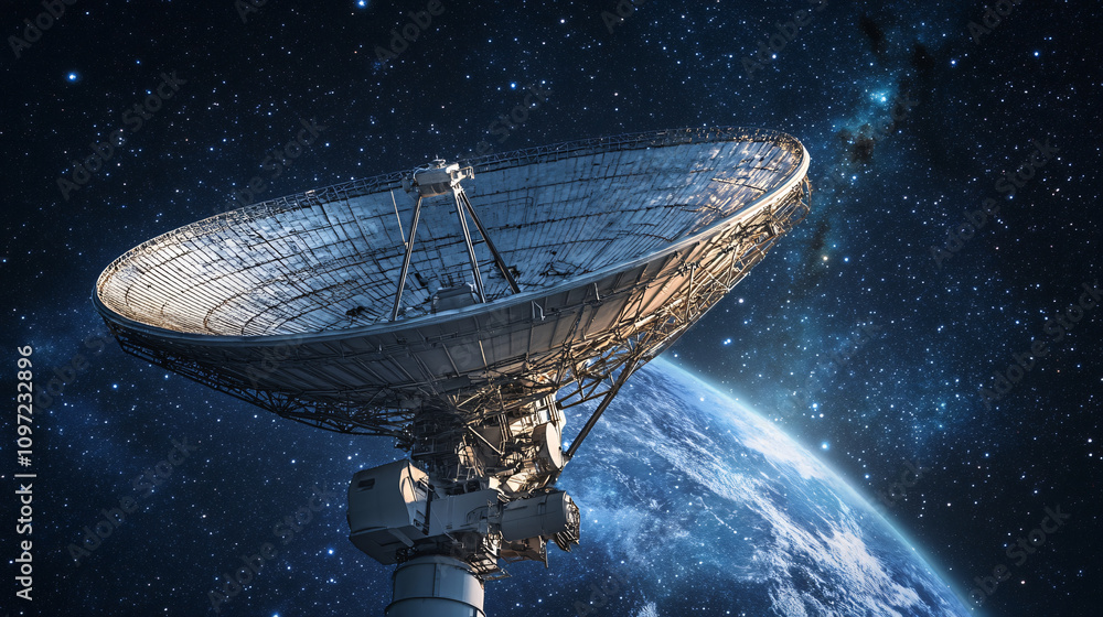 Poster exploring deep space with a large satellite dish in search of extraterrestrial life
