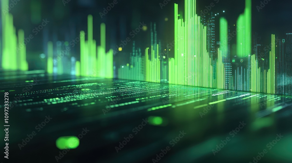 Poster A digital visualization of sound waves or data, showcasing vibrant green peaks and lines.