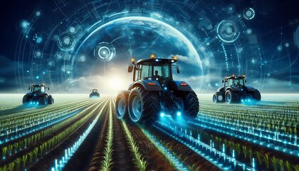 autonomous tractors tending to futuristic field under digital sky