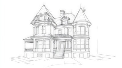 Naklejka premium Detailed Architectural Sketch of a Classic Victorian House Design