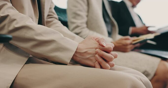 Anxiety, interview and hands of business person in Japan office for job search, waiting room and recruitment. Nervous, human resources and hiring with closeup of employee candidate for mental health