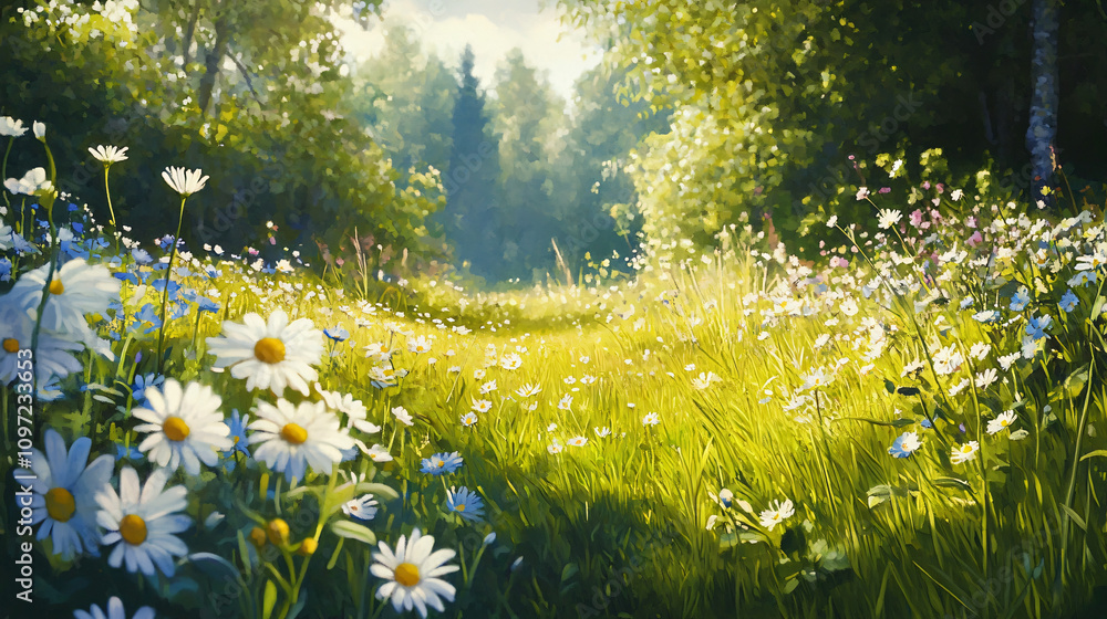 Aufkleber beautiful meadow filled with daisies, bathed in sunlight filtering through the trees, creating a stu