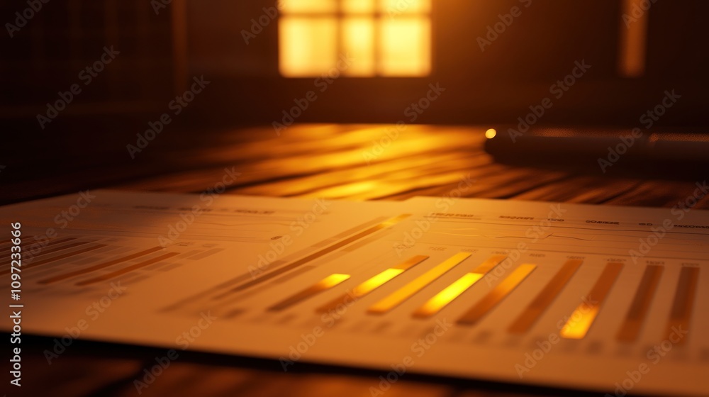 Poster a report with bar graphs illuminated by warm sunset light on a wooden surface.