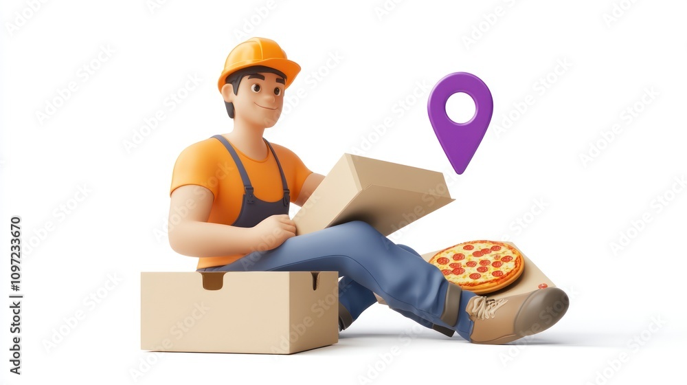 Poster a cartoonish delivery worker sitting with a pizza box and a map location icon.