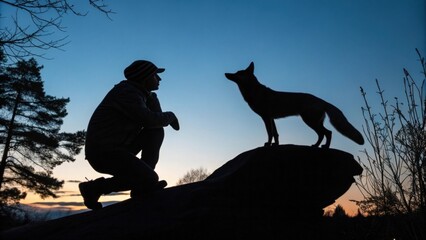 A climber crouches low on a broad sculpture head tilted embodying the vigilant posture of a fox at twilight.