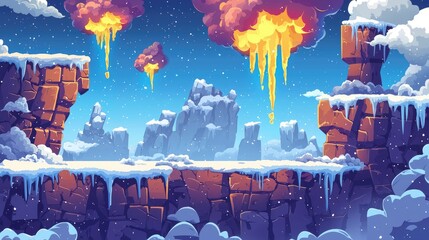 Snowy Cliffs with Melting Icicles and Falling Snow