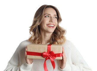 Beautiful young woman with Christmas present on white background