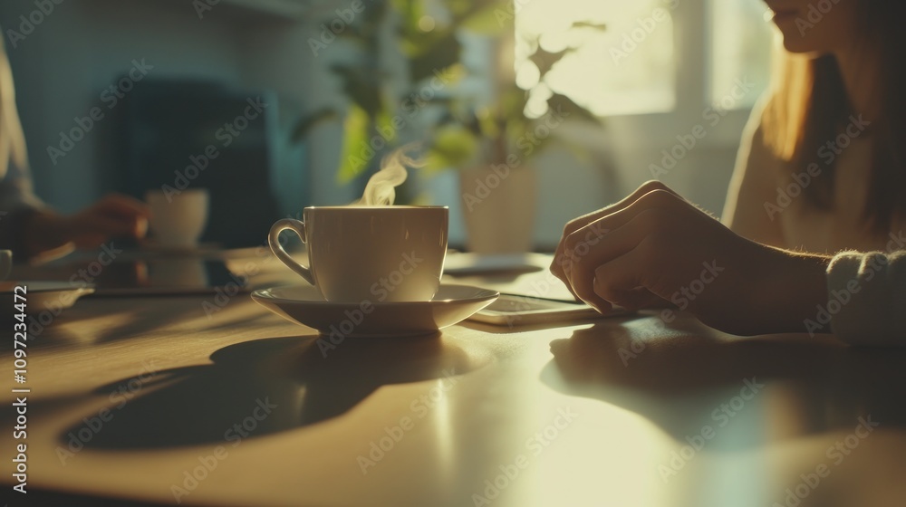Poster a serene moment with coffee and conversation in a sunlit setting.